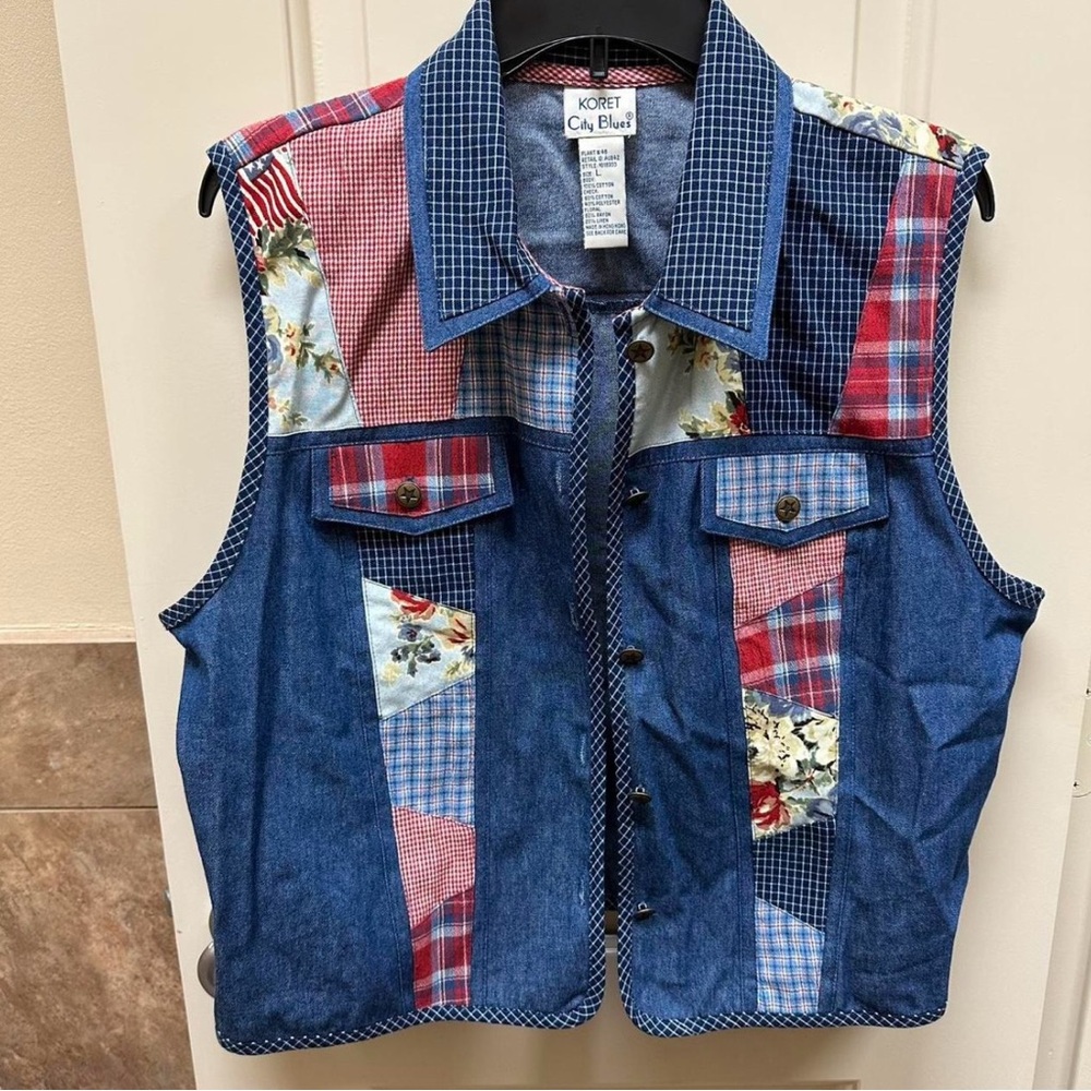 Unique vintage denim vest with floral 
& plaid patchwork, star button-up front